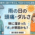 漢方薬局 嶺耀堂のブログサムネイル画像。左側には雨雲の下で頭痛やだるさに悩む女性と体内に溜まる水滴のイラスト、右側には晴れやかな表情でストレッチをする元気な女性のイラストが描かれている。周辺には温かいお茶や入浴のアイコン、武田先生（薬剤師）のイラストを配置。テキストで『雨の日の頭痛・ダルさ 体に溜まった「水」が原因かも？ 西洋医学と漢方で考える、今日からできる湿気対策』と記載されている。