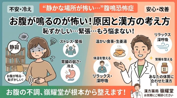 「静かな場所が怖い…」という腹鳴恐怖症（お腹が鳴るのが怖い）に関する、漢方薬局 嶺耀堂のブログサムネイル画像。左側は図書館のような静かな場所でお腹が鳴ることに怯える女性と、原因（ストレス・緊張、胃腸の弱さ・冷え）のアイコン。右側は笑顔の男性薬剤師と、改善策（温かい食事・生姜湯、リラックス・深呼吸、体質に合わせた漢方）のアイコンを配置。下部には「お腹の不調、嶺耀堂が根本から整えます！」のメッセージとロゴが記載されている。